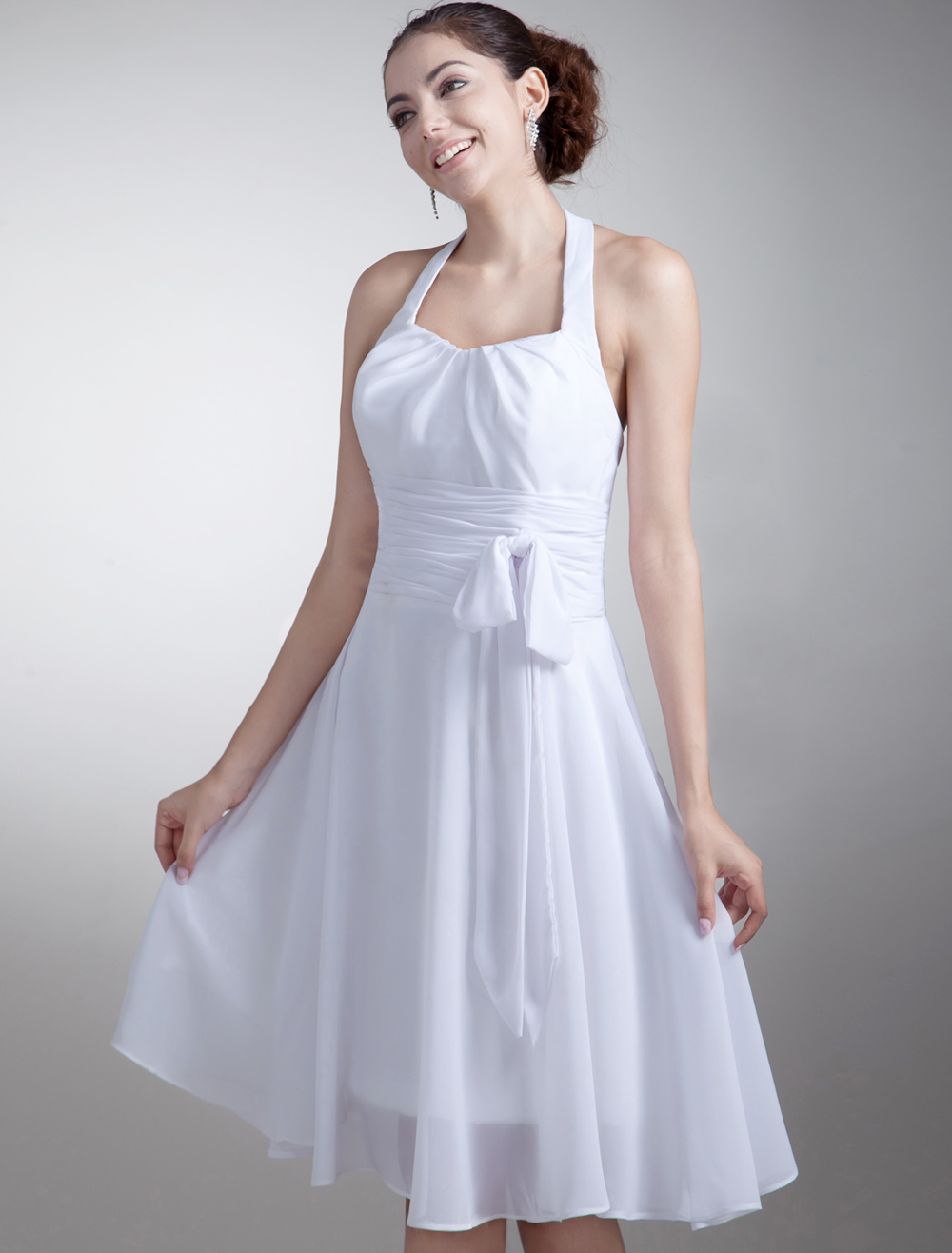 A-line White Chiffon Sash Halter Knee-Length Wedding Bridesmaid Dress ...