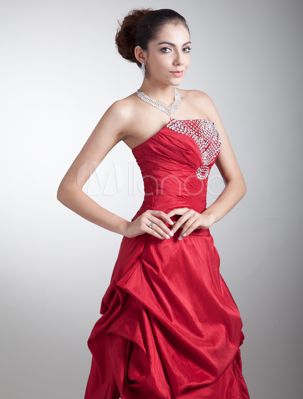 Burgundy Taffeta Beading Strapless Floor-Length Fashion Prom Dress ...