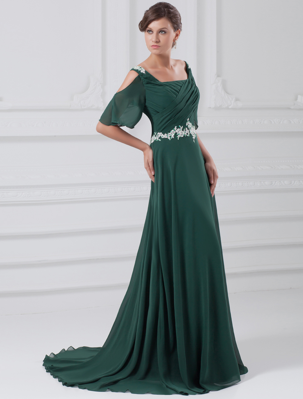Dark Green Chiffon Evening Dress with OffTheShoulder Neck