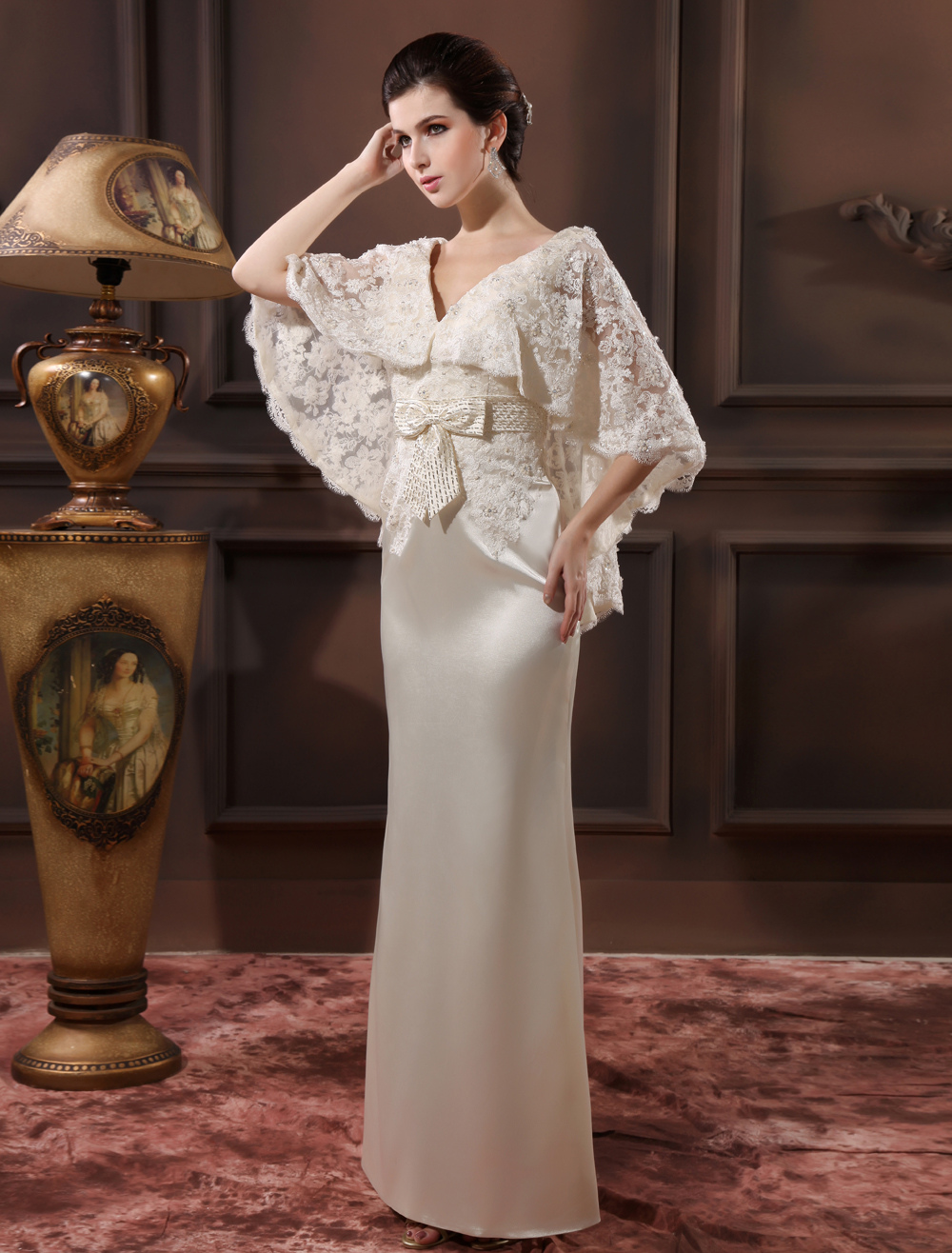 Elegant Ivory Lace V-Neck Sexy Evening Dress Wedding Guest Dress ...
