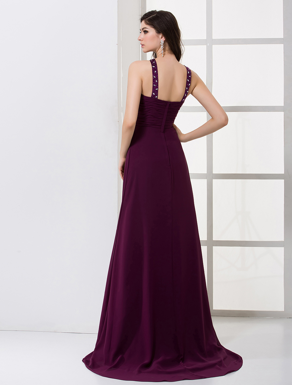 Halter Beaded Chiffon Satin Maxi Evening Dress - Milanoo.com