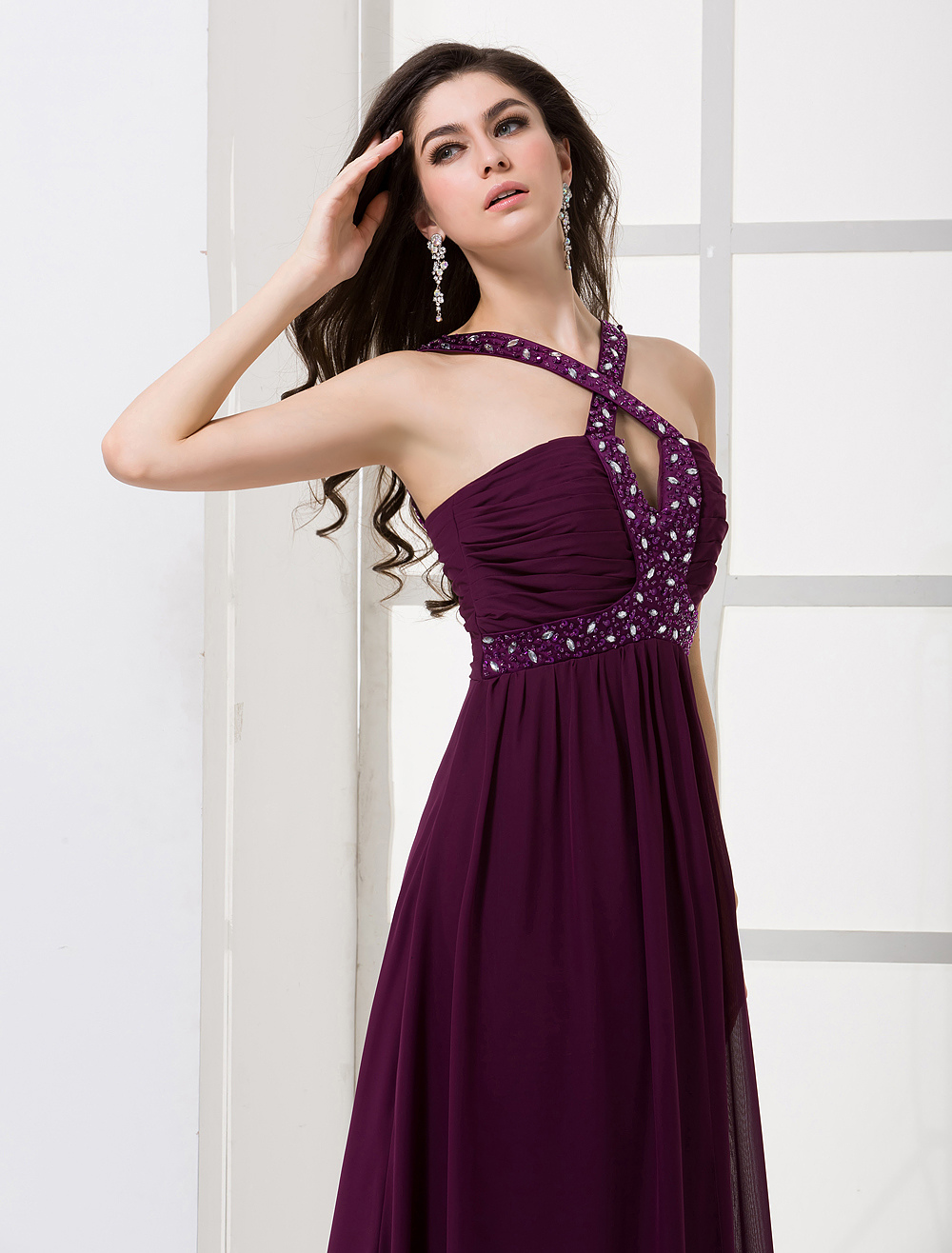 Halter Beaded Chiffon Satin Maxi Evening Dress - Milanoo.com