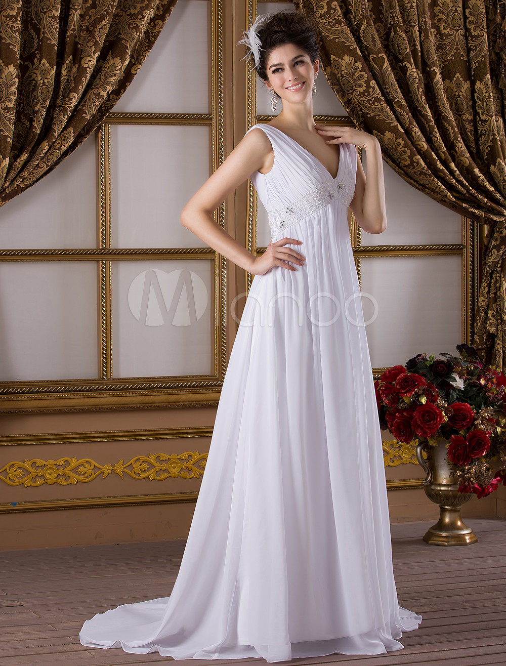 White Deep V Neck Empire Waist Satin Chiffon Wedding Dress 6183