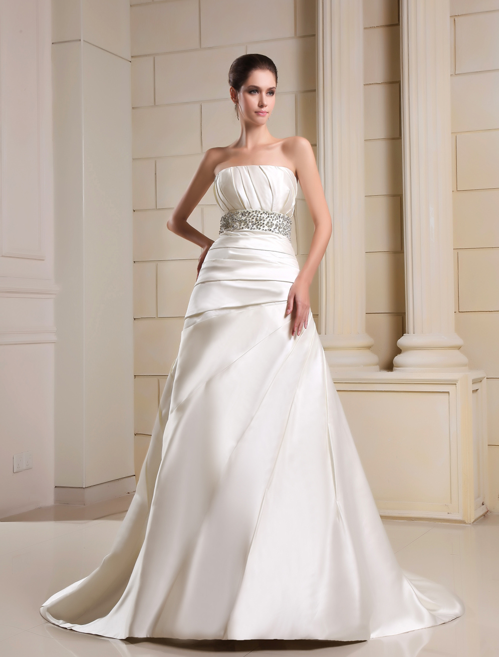 Ivory A-line Strapless Ruched Rhinestone Satin Bridal Wedding Dress ...