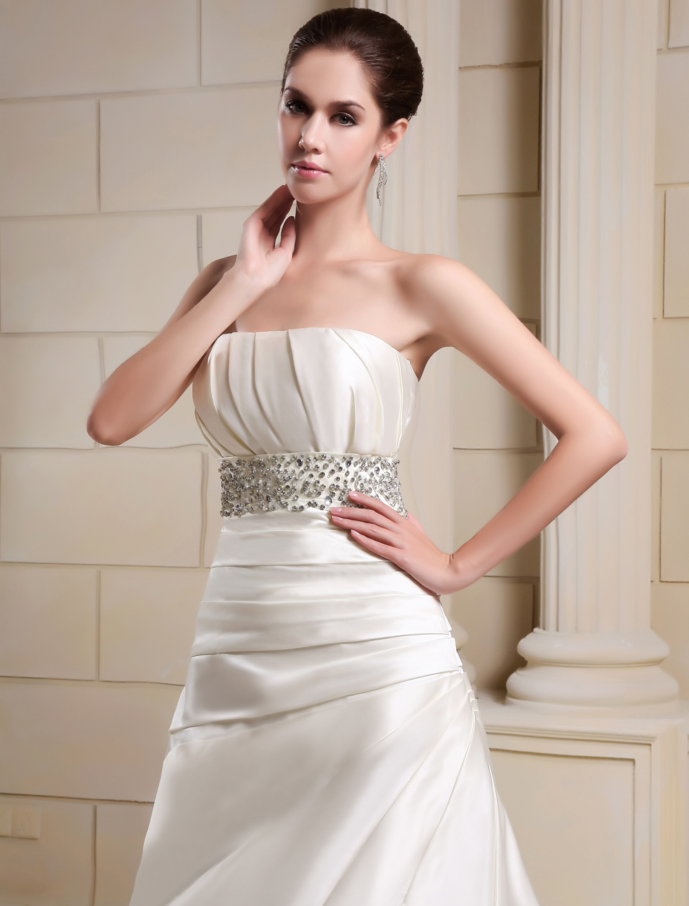 Ivory A-line Strapless Ruched Rhinestone Satin Bridal Wedding Dress ...