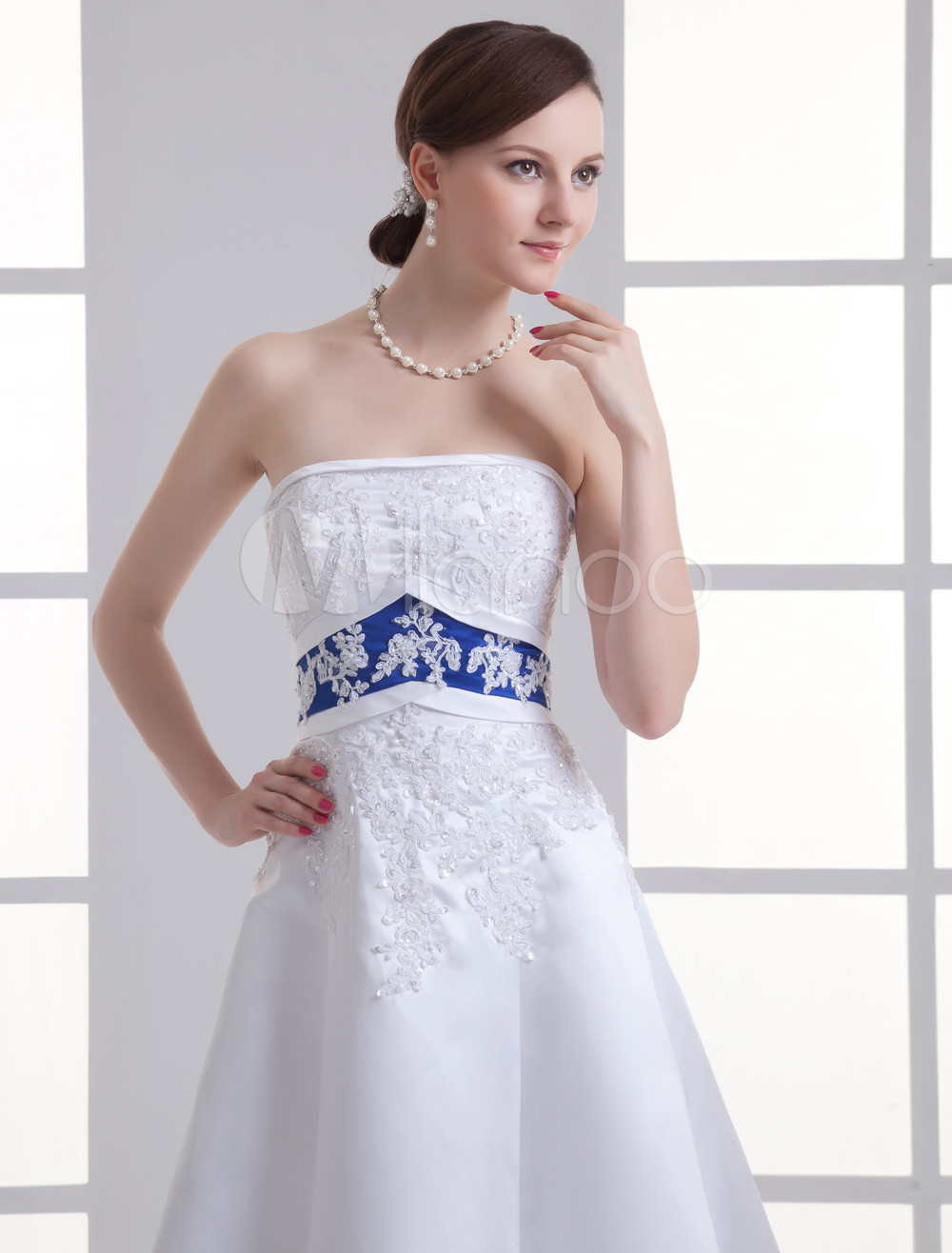 White Strapless Sequin Blue Sash Satin Bridal Wedding Gown