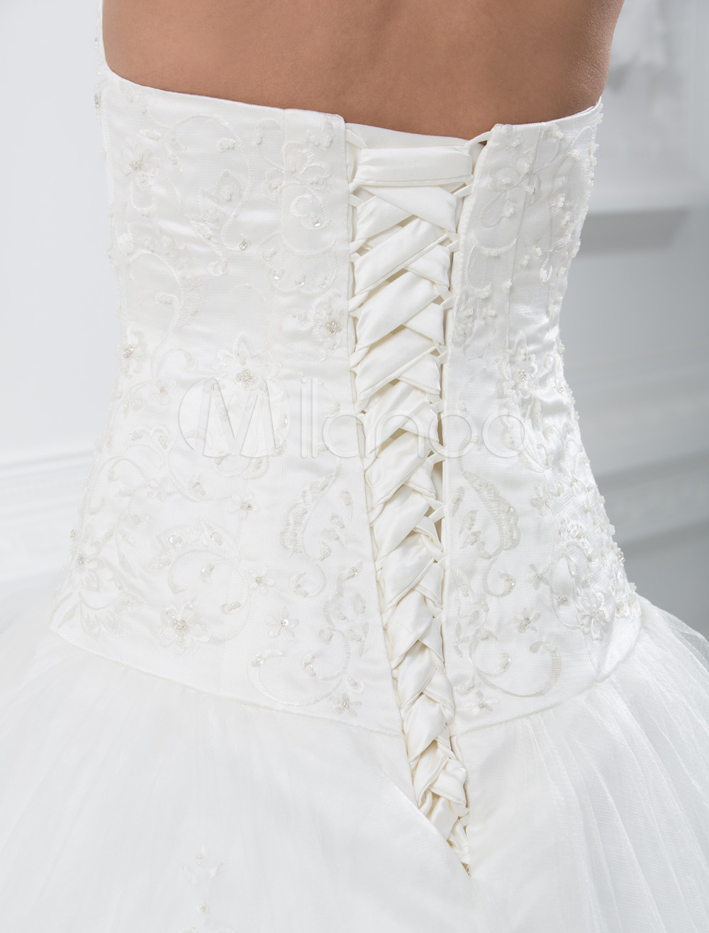 Fabulous White Halter A-line Sweep Satin Lace Wedding Dress - Milanoo.com