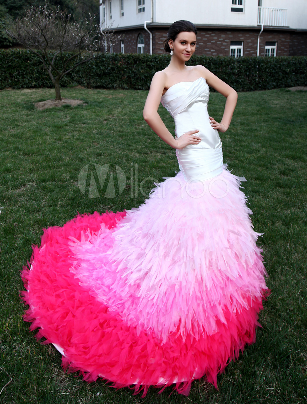 Mermaid Strapless Feather Satin Wedding Dress