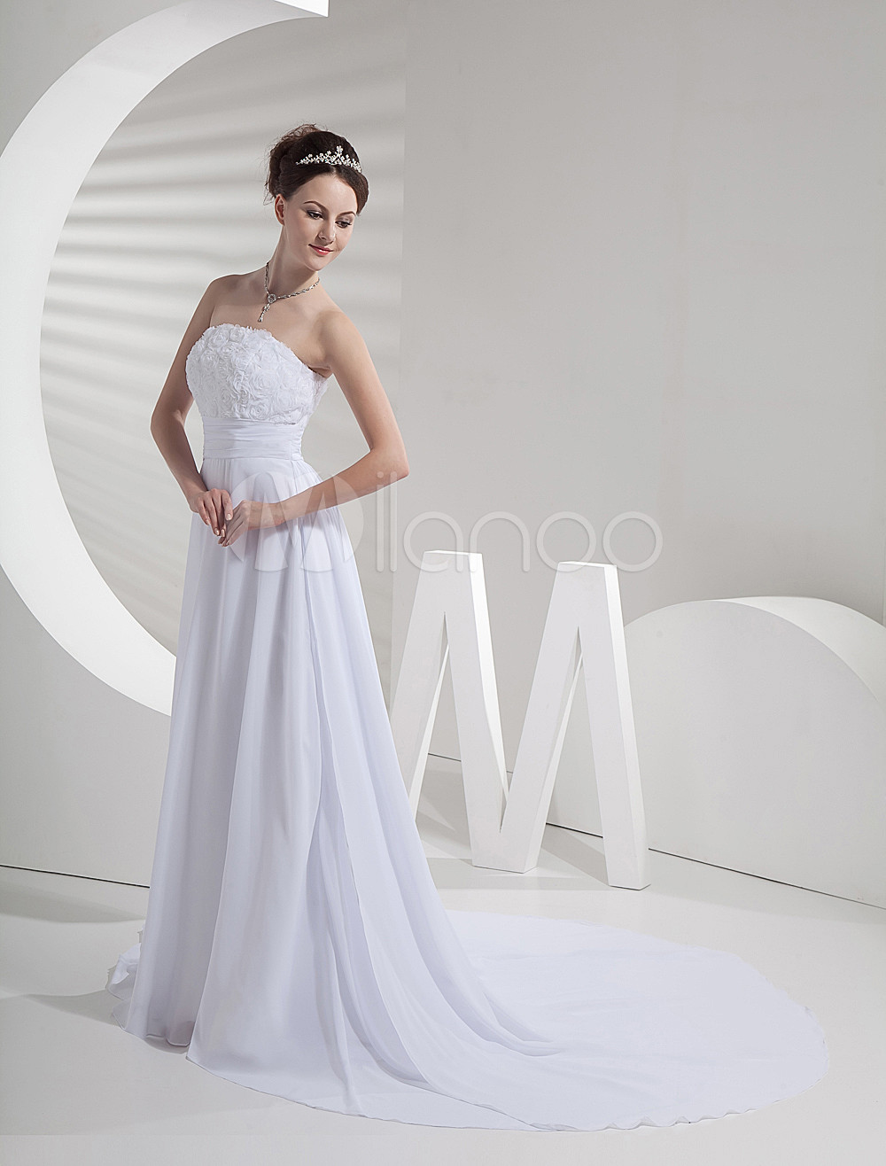 Nice White Empire Waist Strapless Sweep Satin Chiffon Wedding Dress 9488