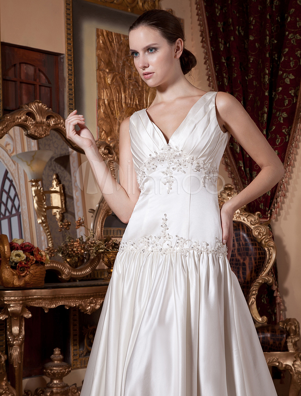 Slimming Ivory Satin V-neck Sleeveless A-line Wedding Dress - Milanoo.com