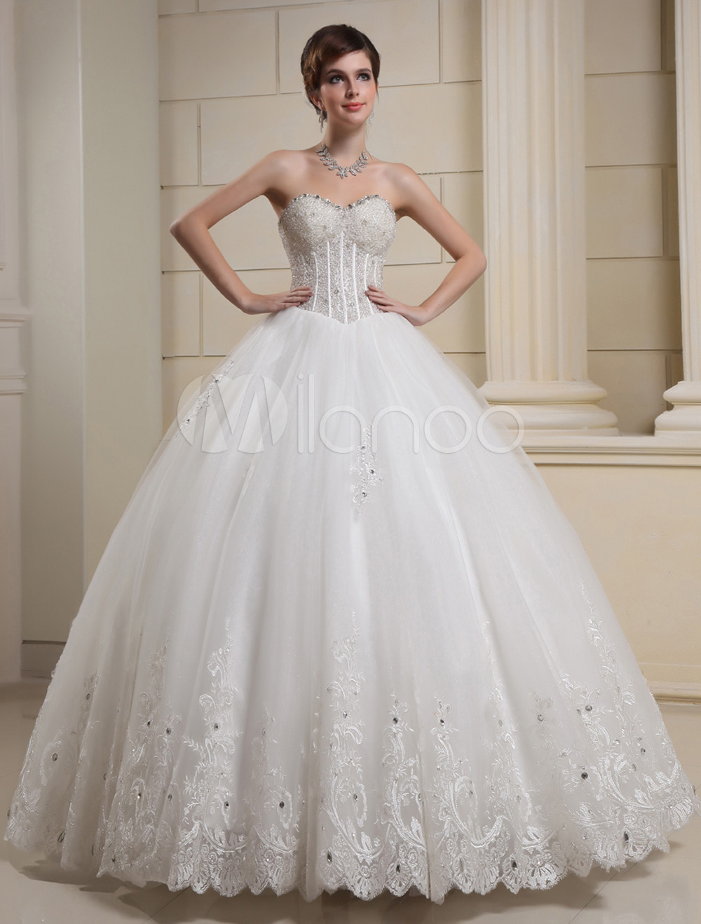 White Sweetheart Embroidered Studded Tulle Wedding Dress For Bride ...