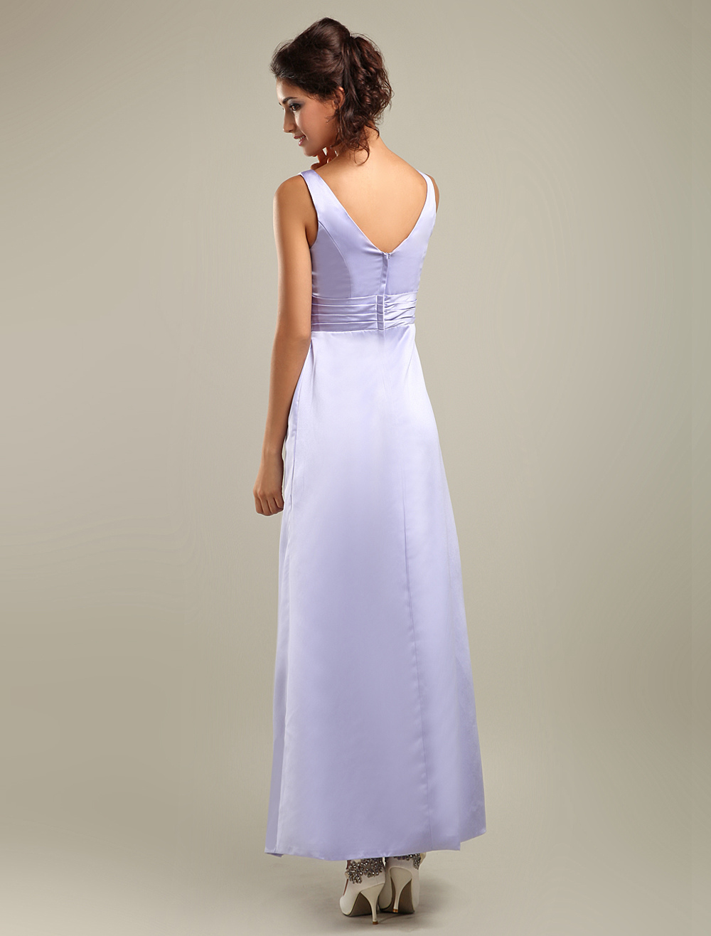 A-Line Pleated Satin V-Neck Empire Waist Floor-Length Formal Evening Dress main image 1