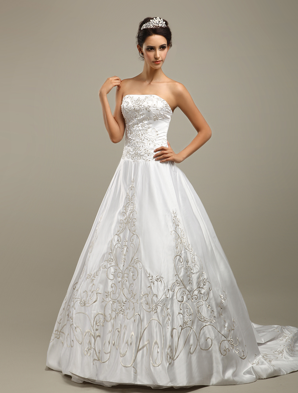 Wedding Dresses White A Line Strapless Beaded Embroidery Satin Bridal ...