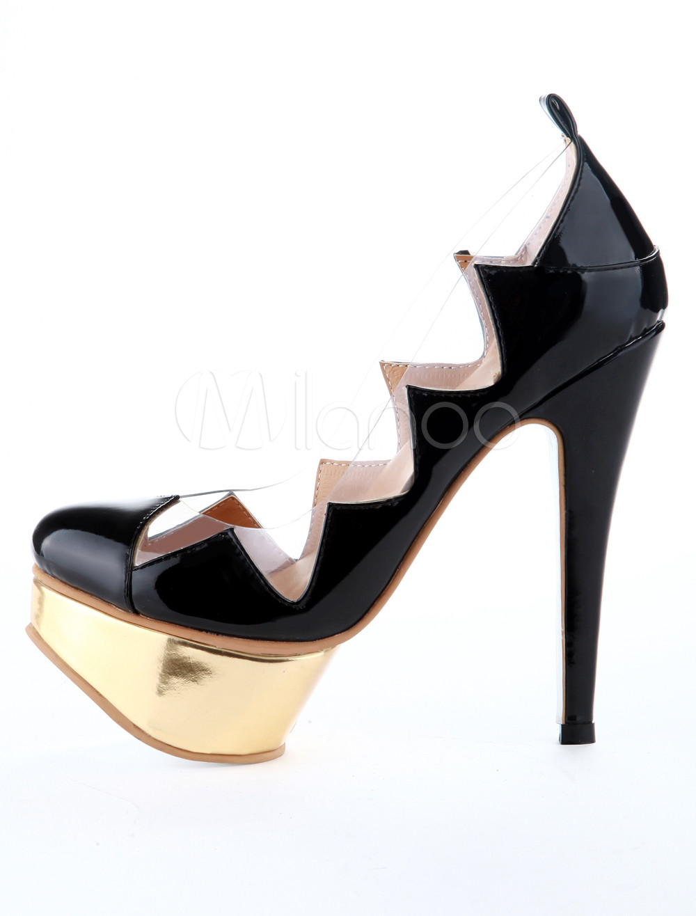 Unique Black Stiletto Heel Almond Toe Woman's Platform Pumps