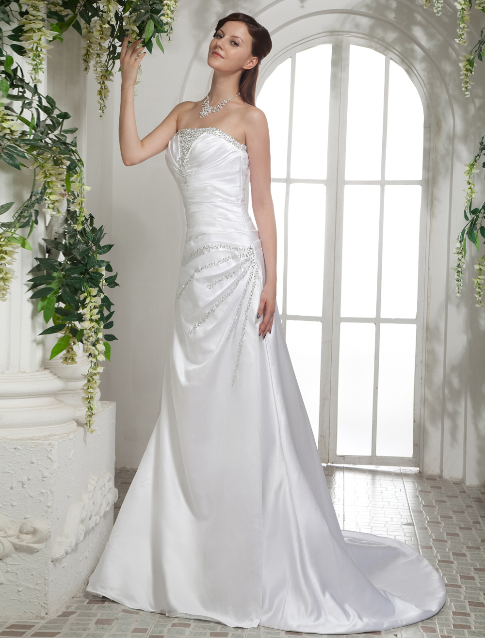 White Satin Beading A-line Sleeveless Bride's Wedding Dress - Milanoo.com