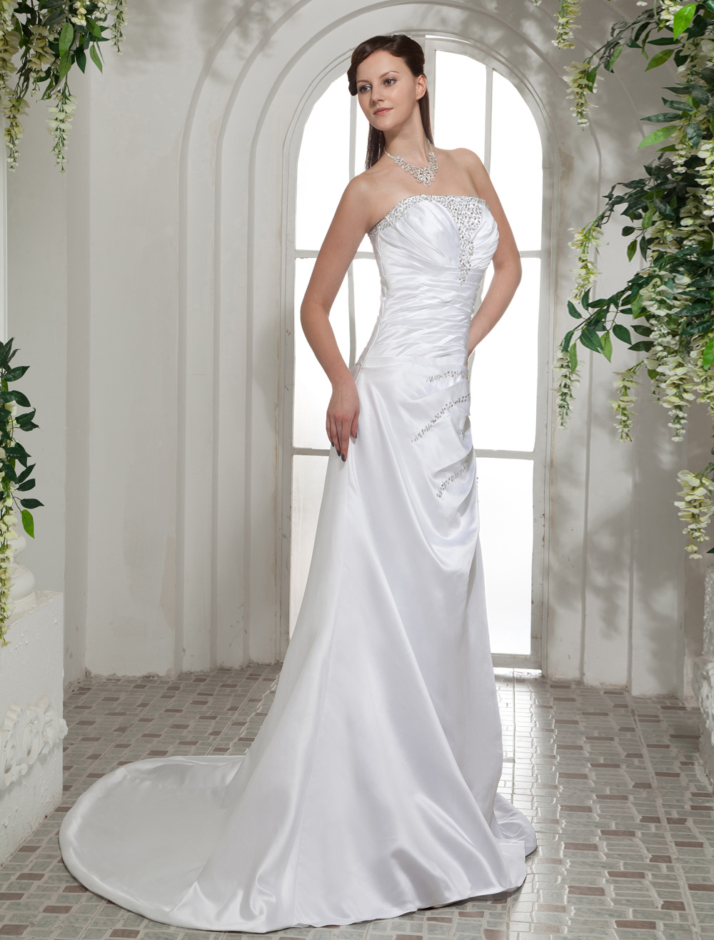 White Satin Beading A-line Sleeveless Bride's Wedding Dress - Milanoo.com