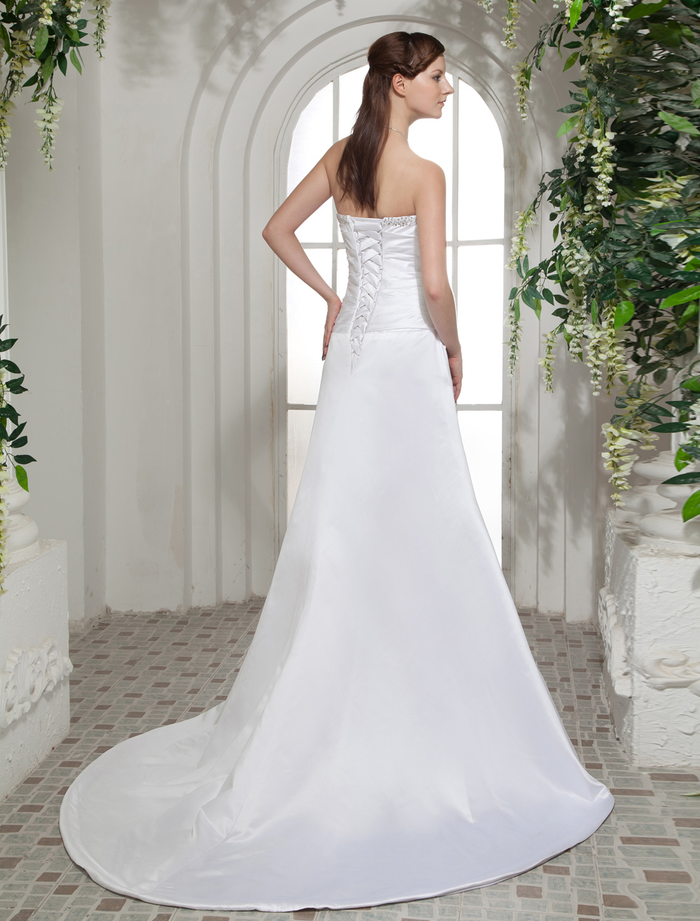 White Satin Beading Aline Sleeveless Bride's Wedding Dress