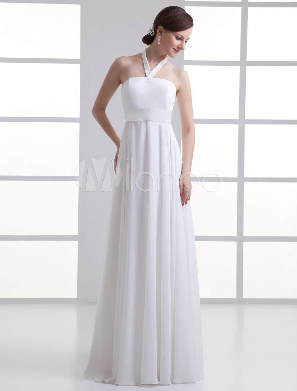 Halter Ivory Sheath Strapless Beading Chiffon Bridal Wedding Dress 8346