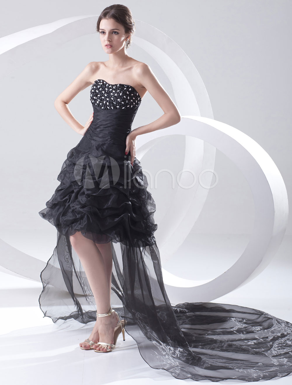 A Line Sweetheart Asymmetrical Ivory Organza With Lace Beading Prom Dresses main image 1
