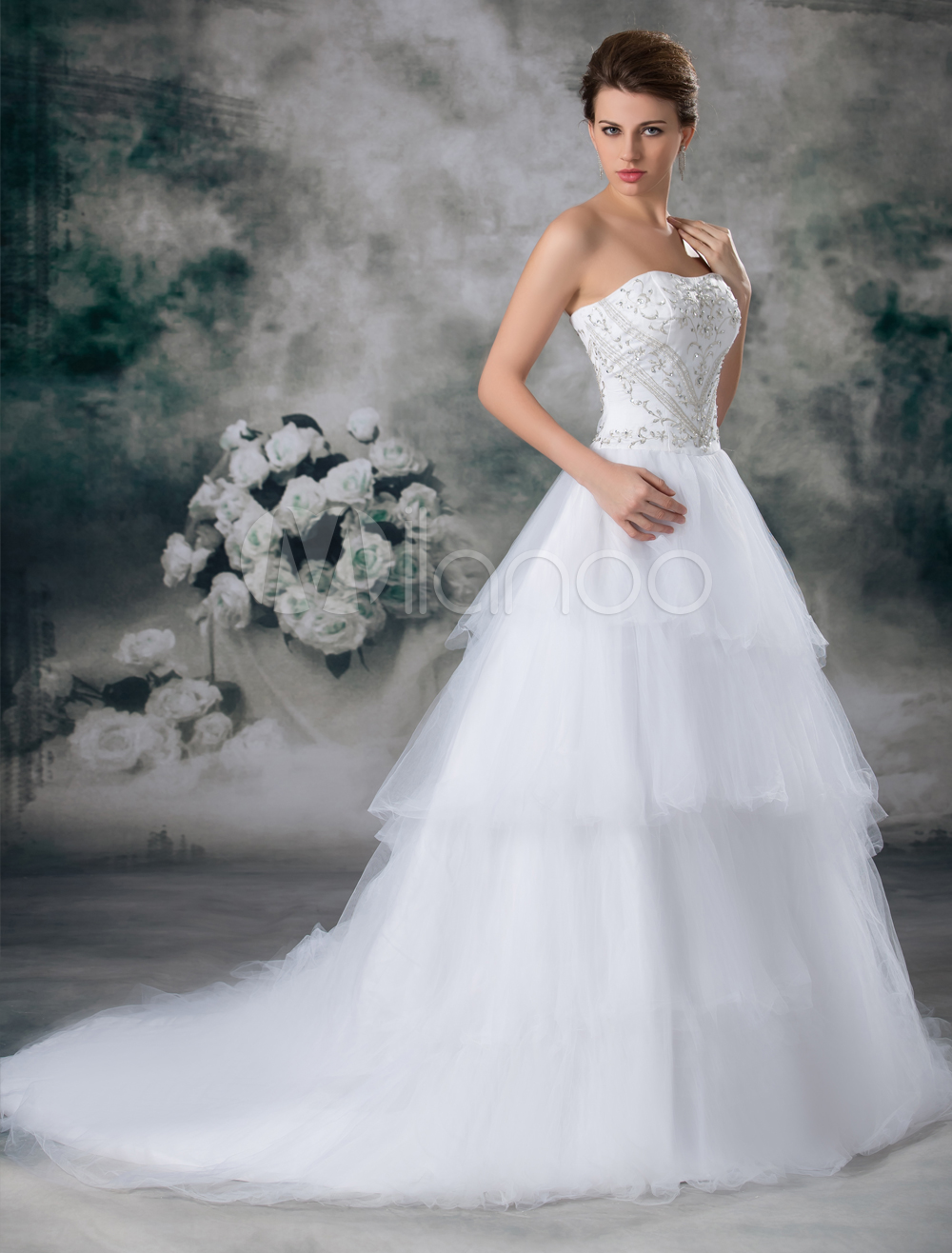 Classical White Strapless Beading Tulle Wedding Dress For Bride ...