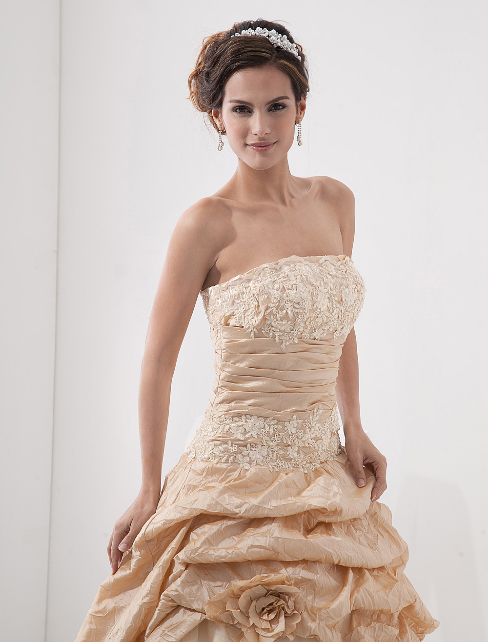 Champagne Wedding Dresses Strapless Ball Gowns Lace Applique Flowers