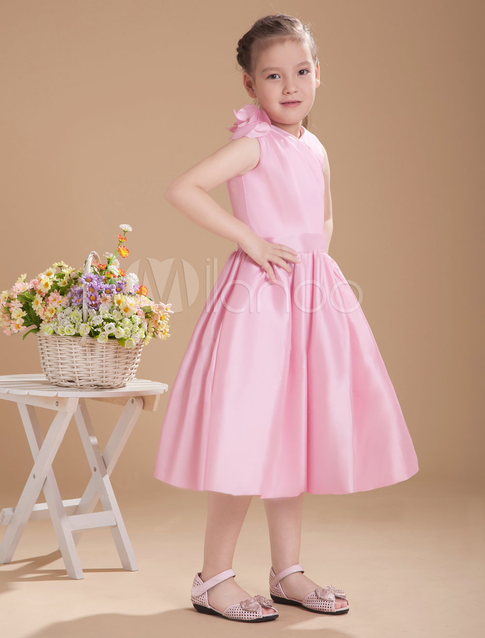 Lovely Pink Taffeta V-neck Knee Length Junior Bridesmaid Dress ...