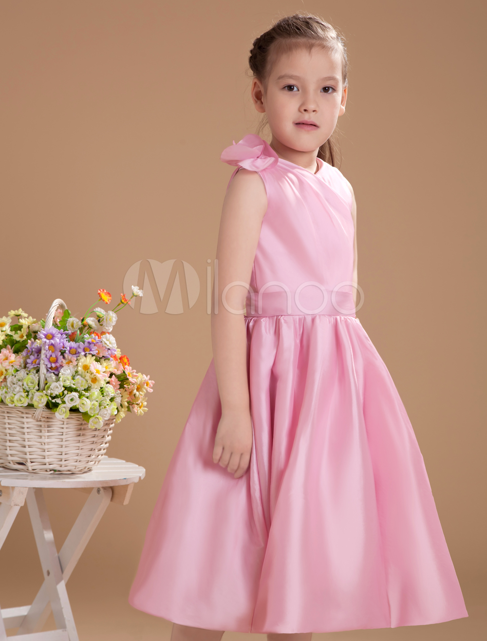 Lovely Pink Taffeta Vneck Knee Length Junior Bridesmaid Dress