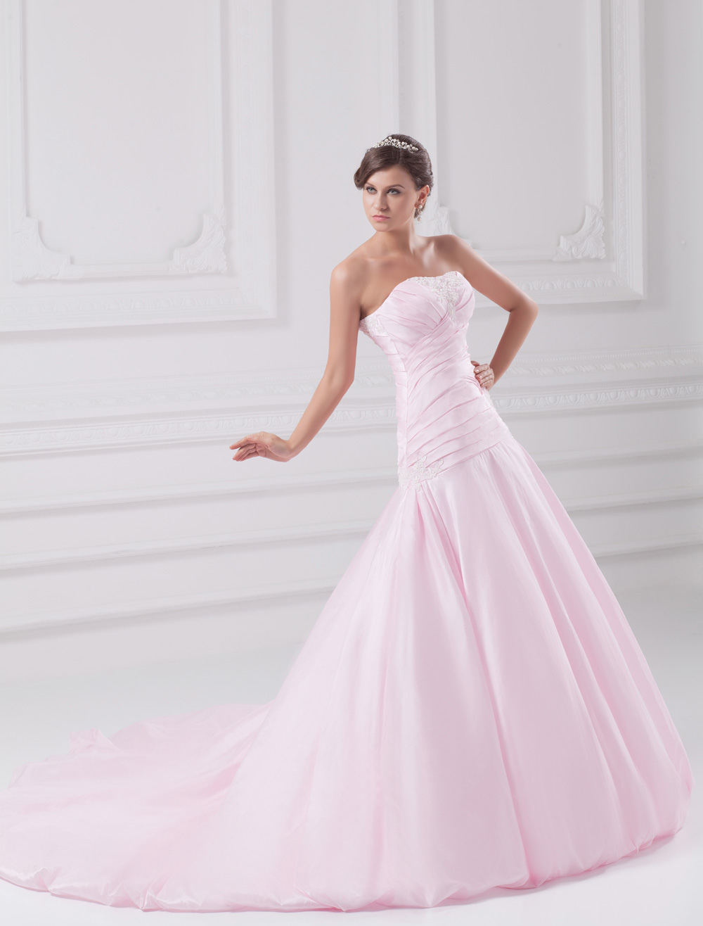 A Line Sweetheart Neck Strapless Ruched Taffeta Pink Wedding Dress Milanoo Com