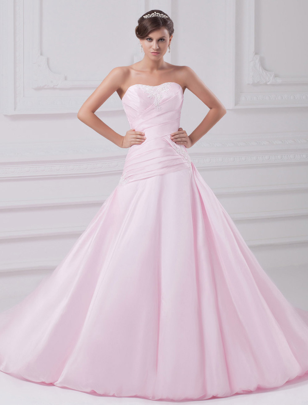 A Line Sweetheart Neck Strapless Ruched Taffeta Pink Wedding Dress Milanoo Com