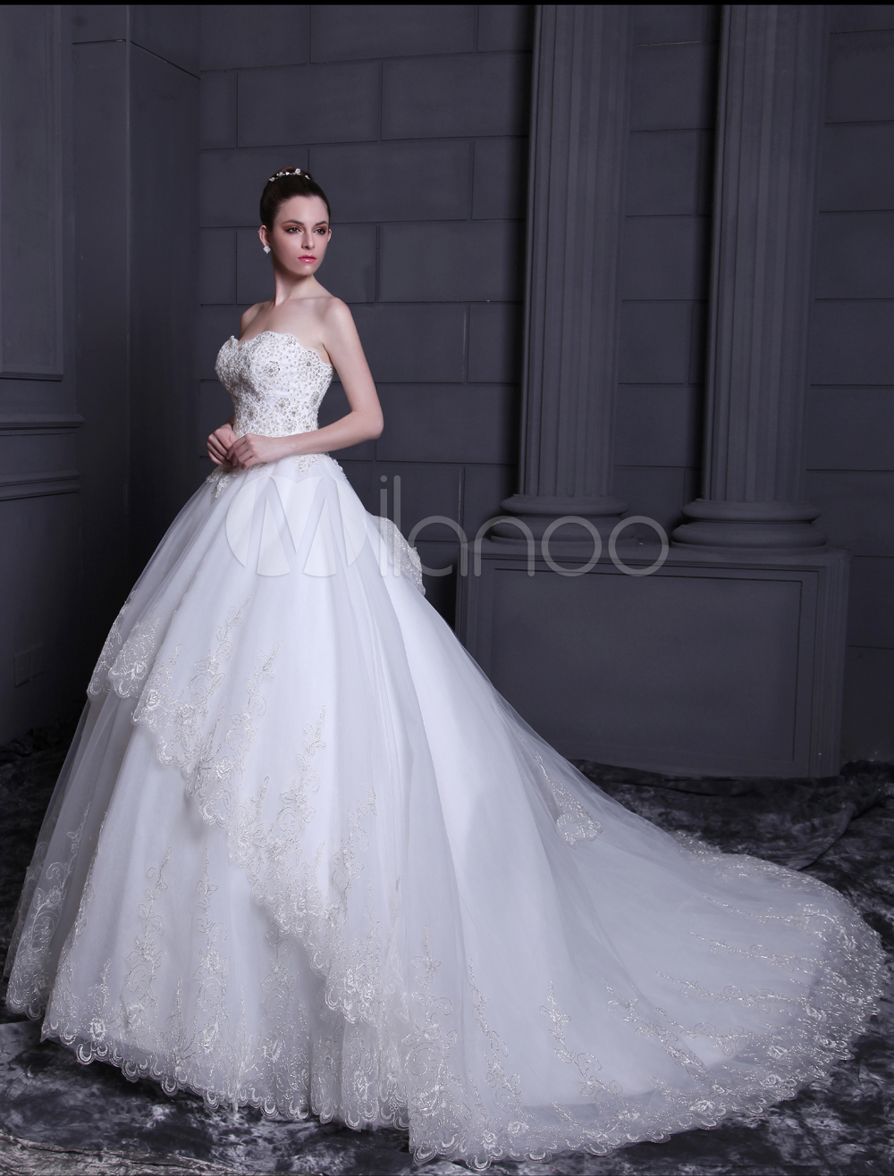 White Ball Gown Strapless Tulle Bridal Wedding Dress - Milanoo.com