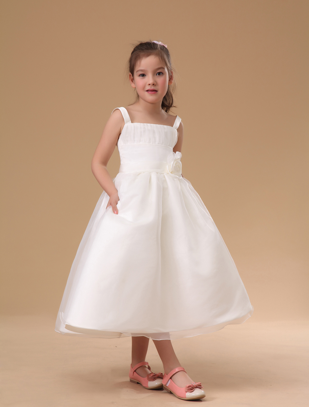 White Sleeveless Flower Satin Flower Girl Dress - Milanoo.com