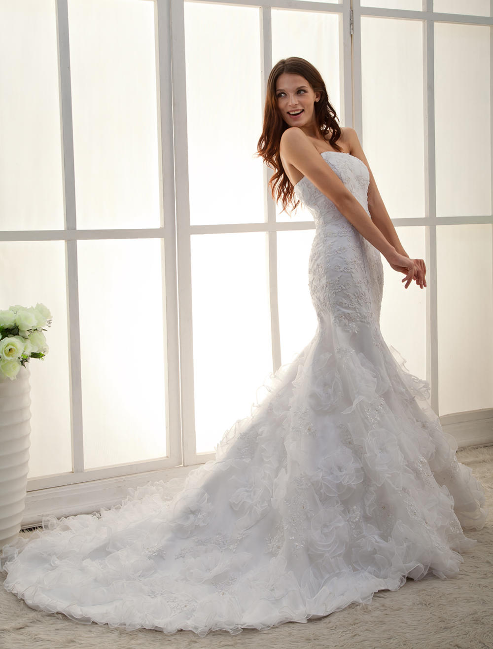 White Strapless Applique Lace Mermaid Trumpet Wedding Dress - Milanoo.com