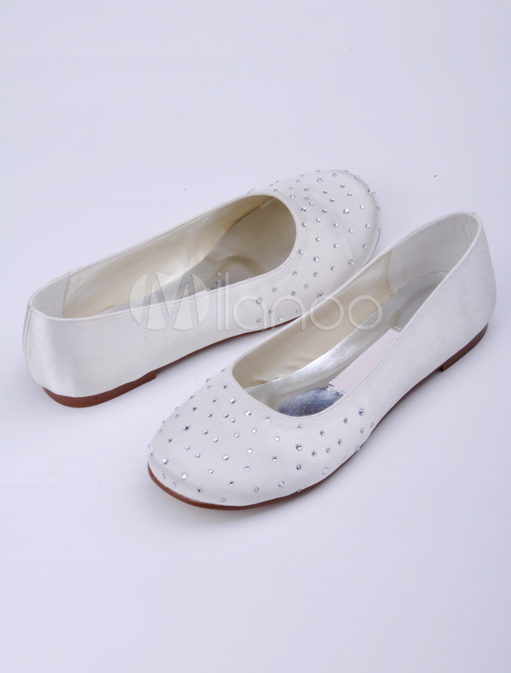 Lovely Ivory Satin Rhinestone Flat Wedding Shoes - Milanoo.com