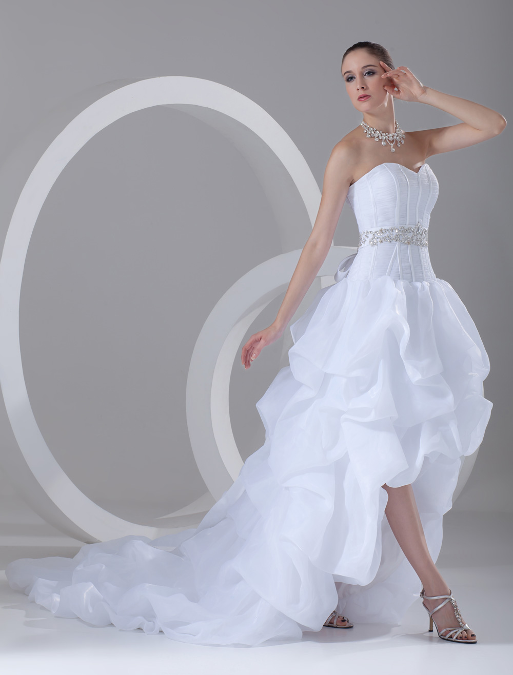 White Wedding Dress Strapless High Low Bridal Dress Rhinestones Beading