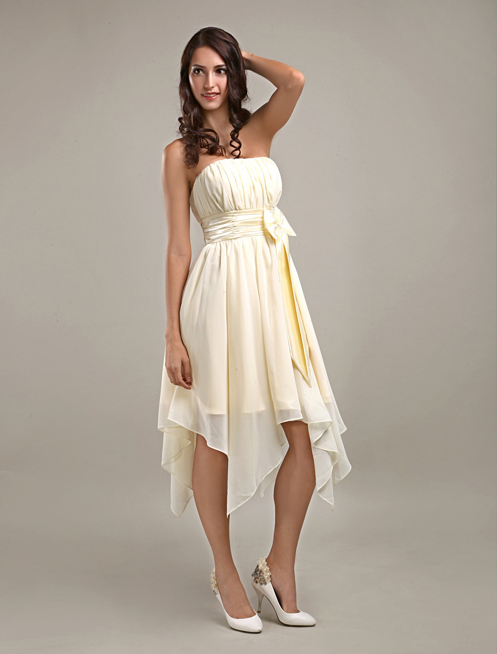 Asymmetrical Pleated Ivory Bridesmaid Dress - Milanoo.com