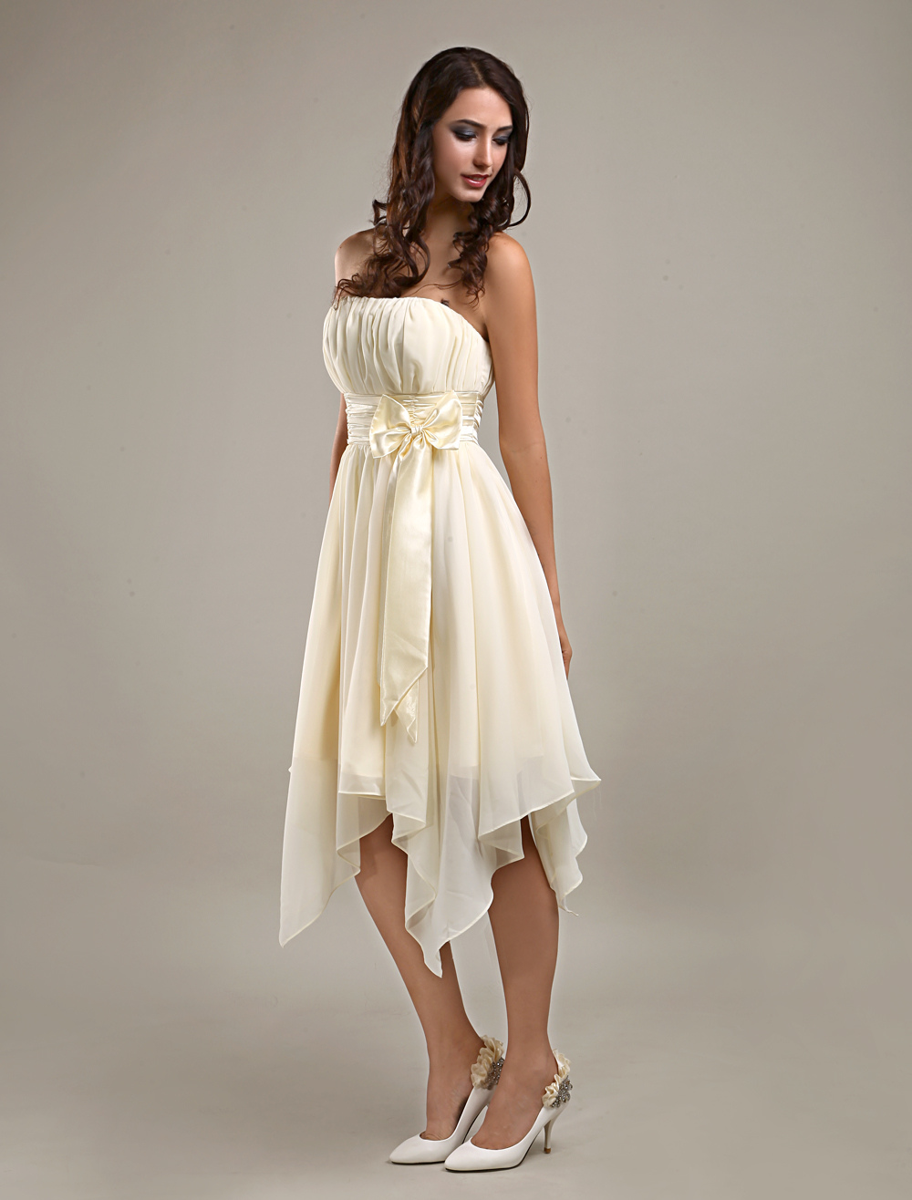 Asymmetrical Pleated Ivory Bridesmaid Dress - Milanoo.com