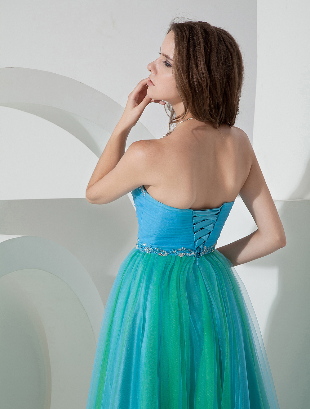 TwoTone Prom Dress Twisted Ruched Lace Up Tulle Satin Dress