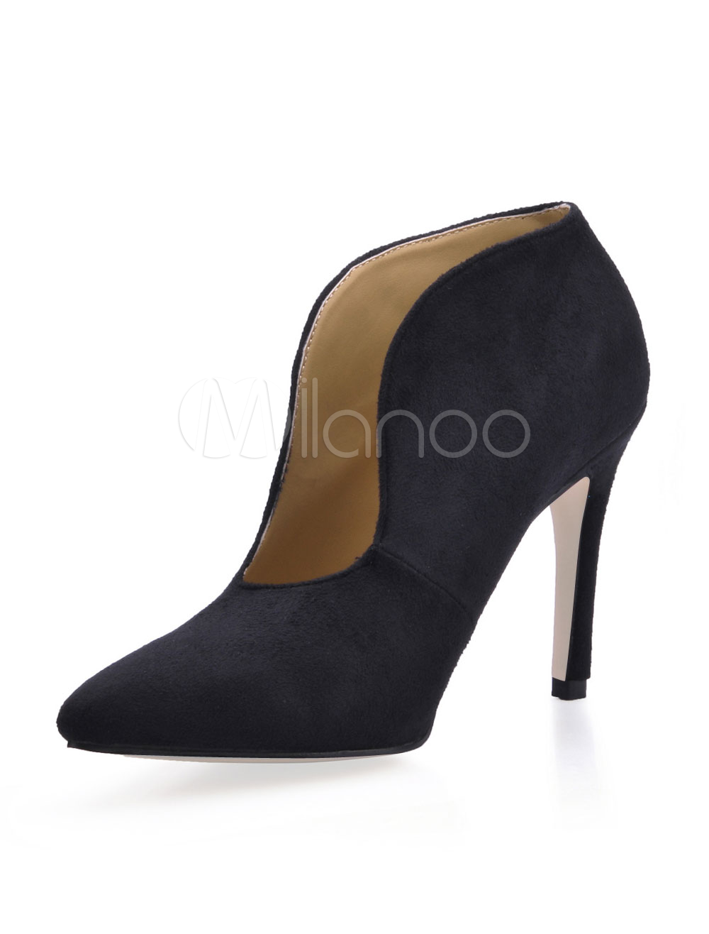 Black Cut Out Pointed Toe Stretch Satin Sanding Woman's High Heel