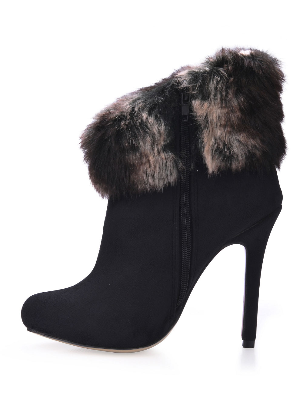 Elegant Black Furry Trim Stretch Satin Sanding Woman's High Heel ...