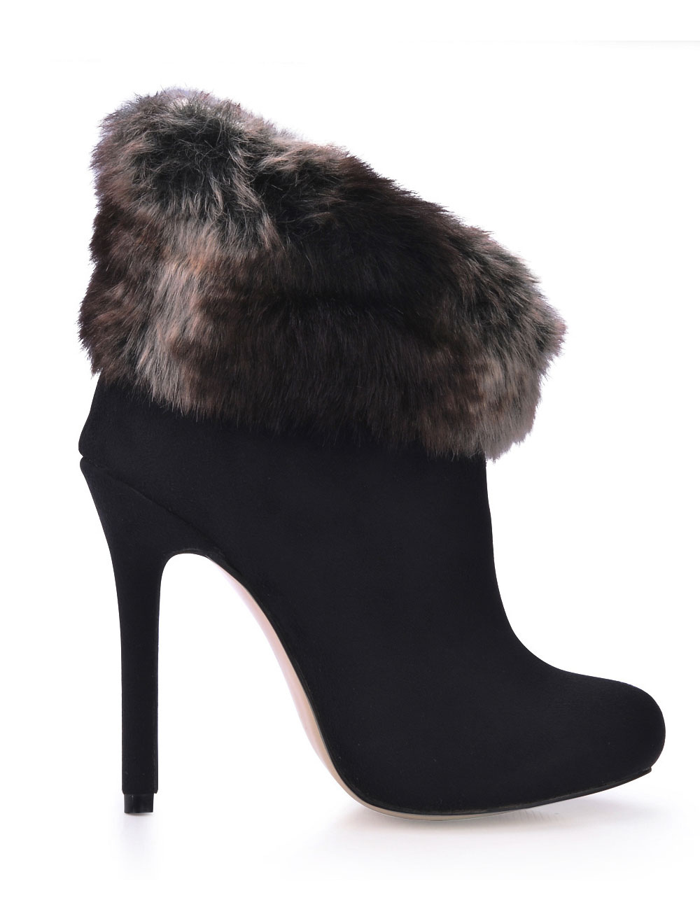 Elegant Black Furry Trim Stretch Satin Sanding Woman's High Heel ...