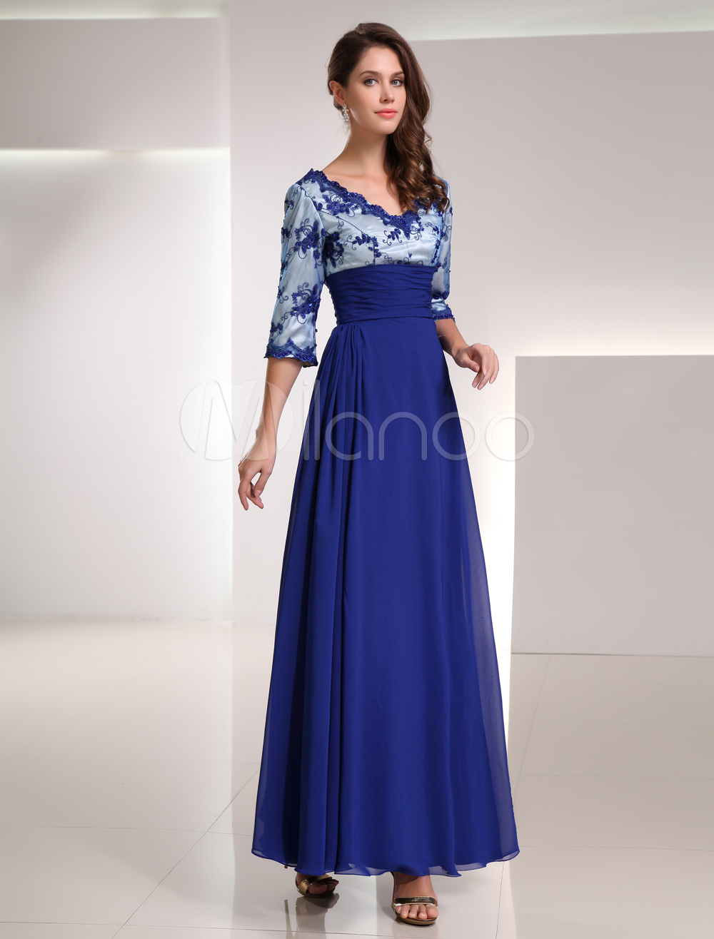 Royal Blue Chiffon Lace Vneck Half Sleeve Mother of the