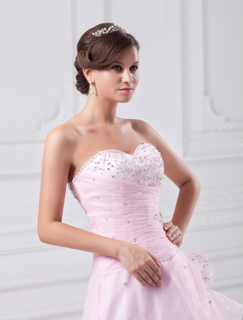 A Line Pink Organza Ruffles Sweetheart Neck Sweep Prom Dress