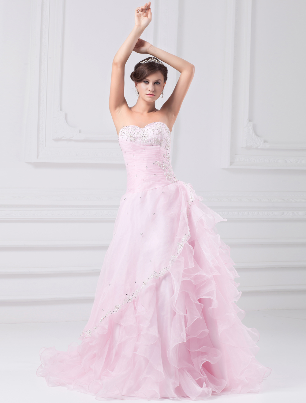 A-line Pink Organza Ruffles Sweetheart Neck Sweep Prom Dress - Milanoo.com