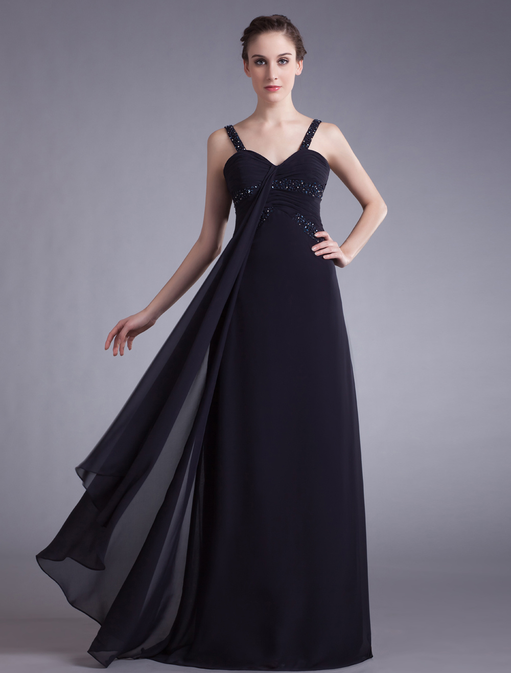 Navy Blue Long Evening Dress with Beads