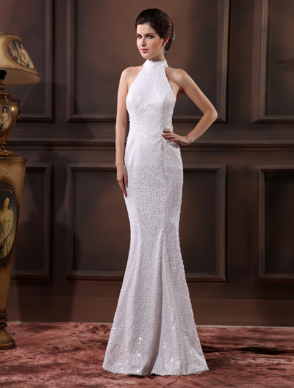 Glamorous White Sequined Halter Sequin Mermaid Wedding Dress For Bride Milanoo