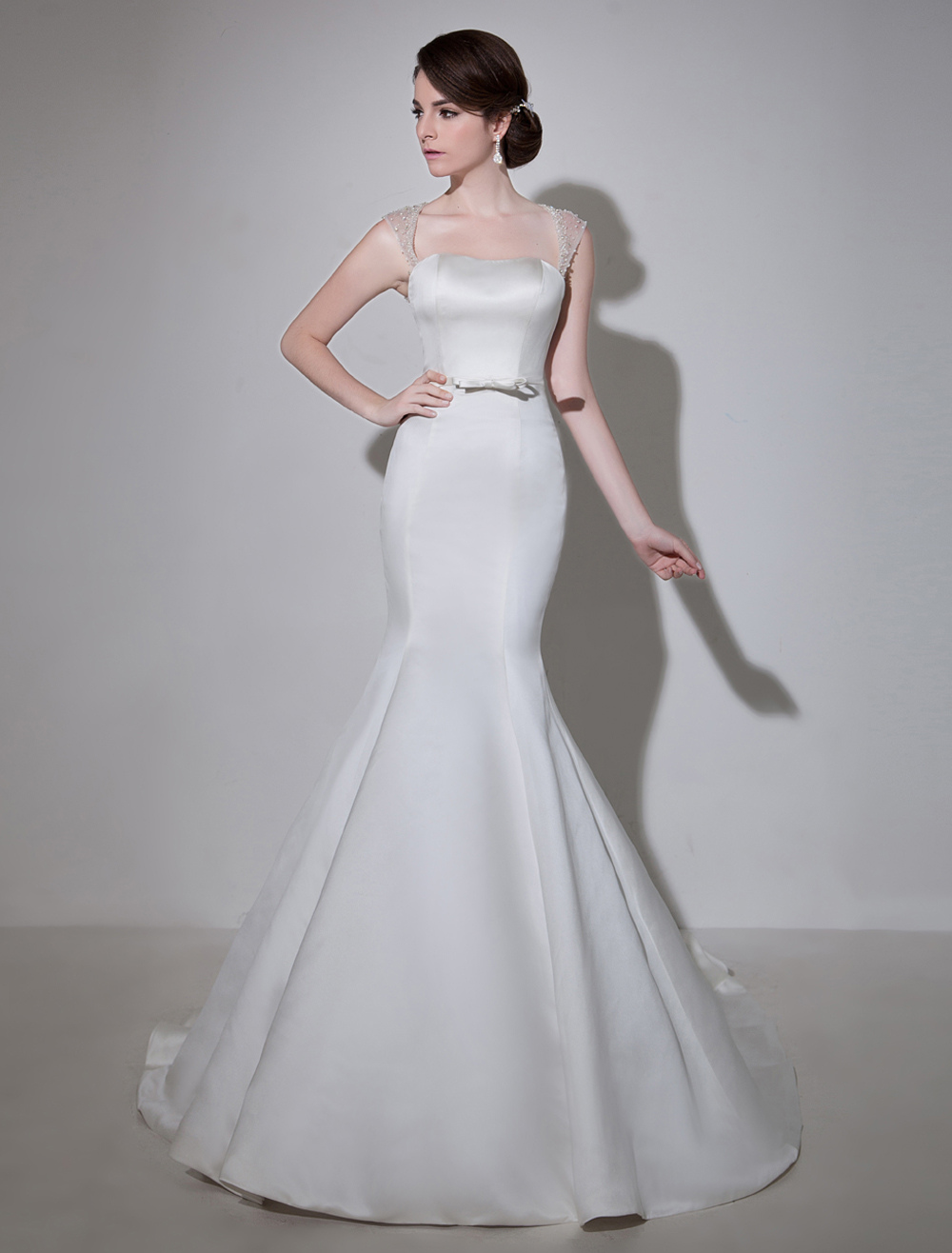 Ivory Off-The-Shoulder Satin Bridal Wedding Gown with Keyhole Neck and