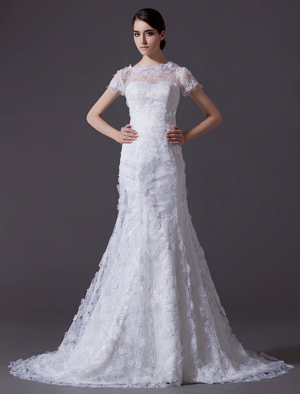 Ivory A-line High Collar Lace Court Train Lace Bridal Wedding Dress ...