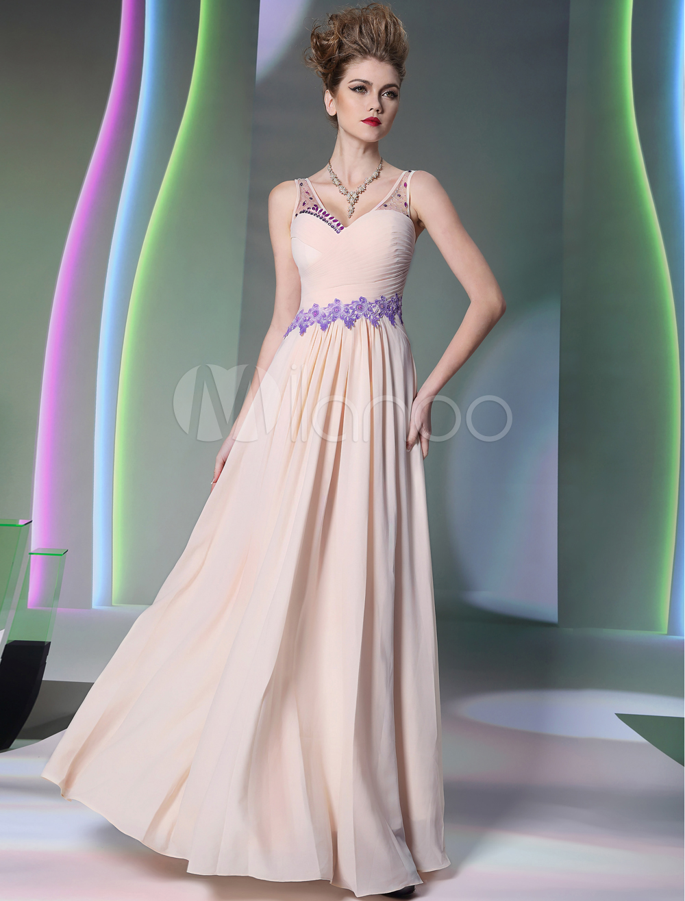 Pink Pleated VNeck Sleeveless Aline Evening Dress For Women