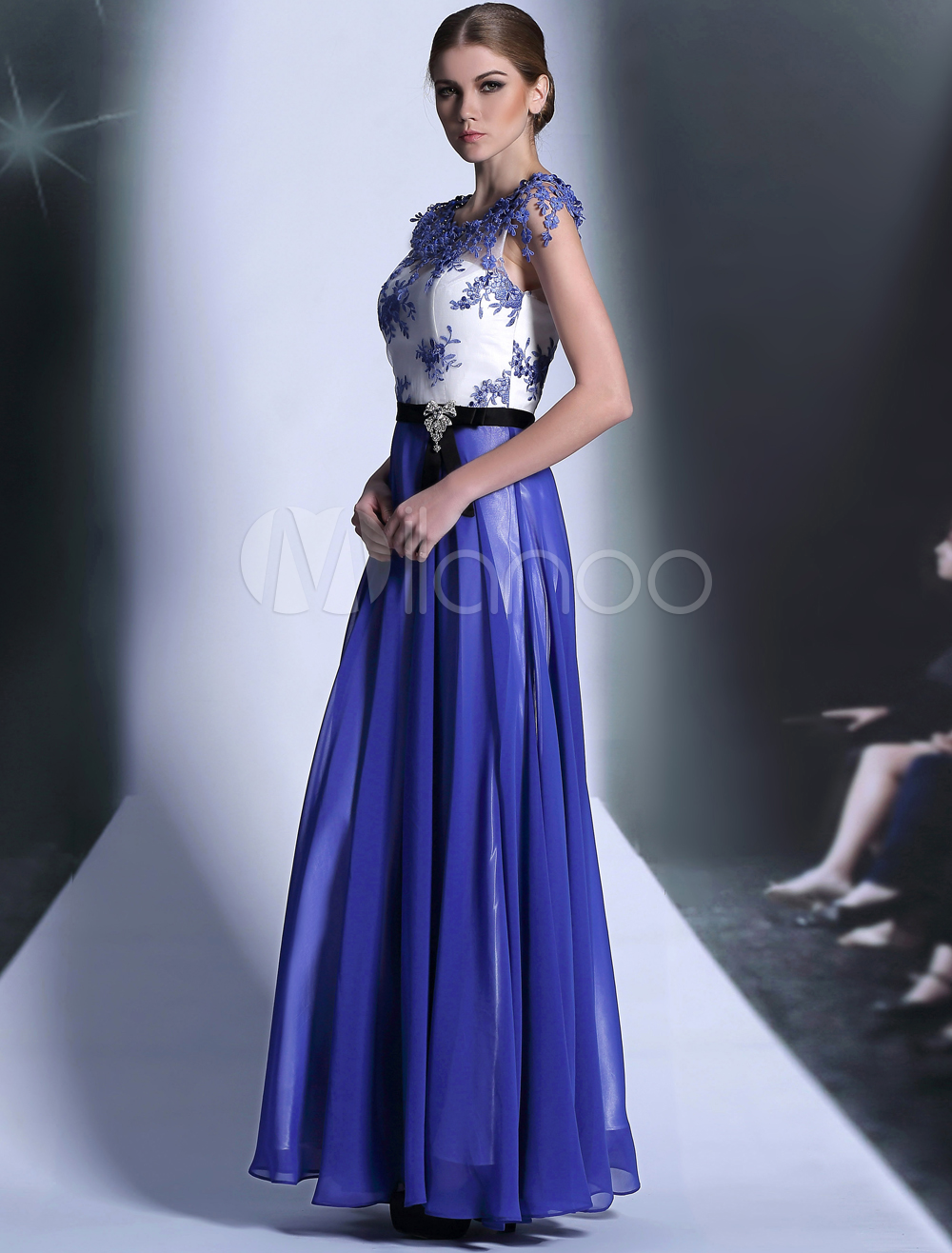 Royal Blue Jewel Neck Bow A Line Sleeveless Chiffon Evening Dress