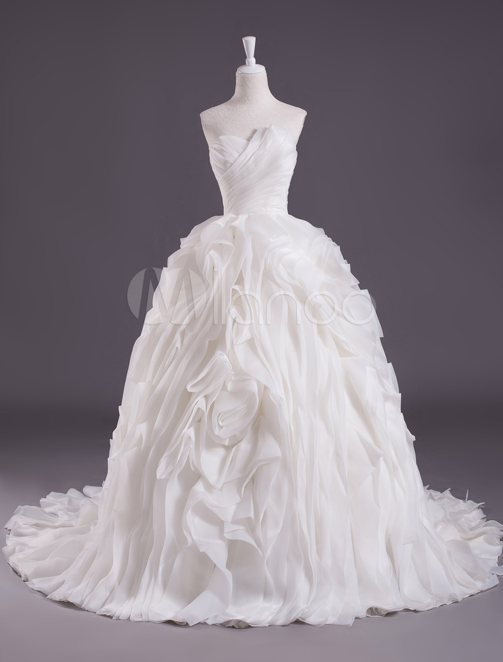 Ivory Ball Gown Pleated Wedding Dress with Scalloped-Edge Neck ...